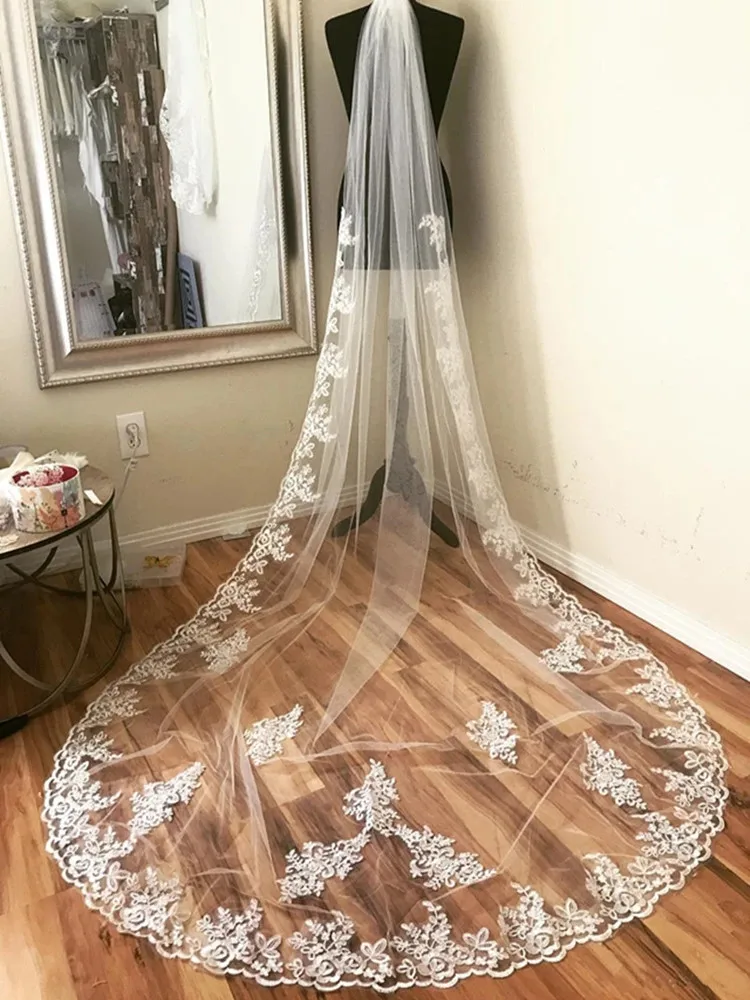 Top Trends: Elegant Wedding Accessories Appliques Tulle Long Cathedral Wedding Veils Lace Edge 1T Bridal Veil 3 Meters Veu De Noiva Shoppable Styles