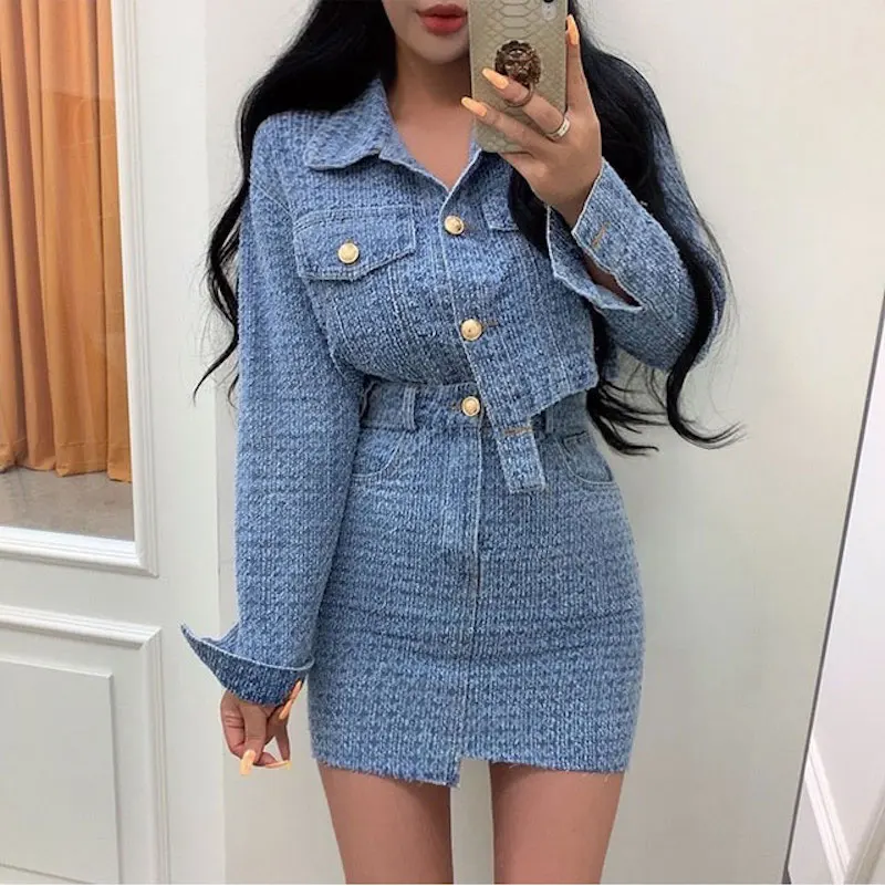 Top Trends: Cowboy Set Two-piece Suit Autumn Fashion Turndown Collar Blue Single-breasted Short Denim Shirt Top + Solid Color Hip Skirt Shoppable Styles