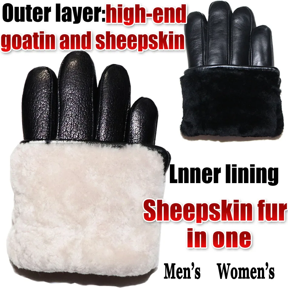 Top Trends: Deerskin Pattern Male Leather Gloves Sheepskin-fur In One Gloves Female Goatskin Sheep Fur Wool Gloves Winter Thickening Warm Shoppable Styles