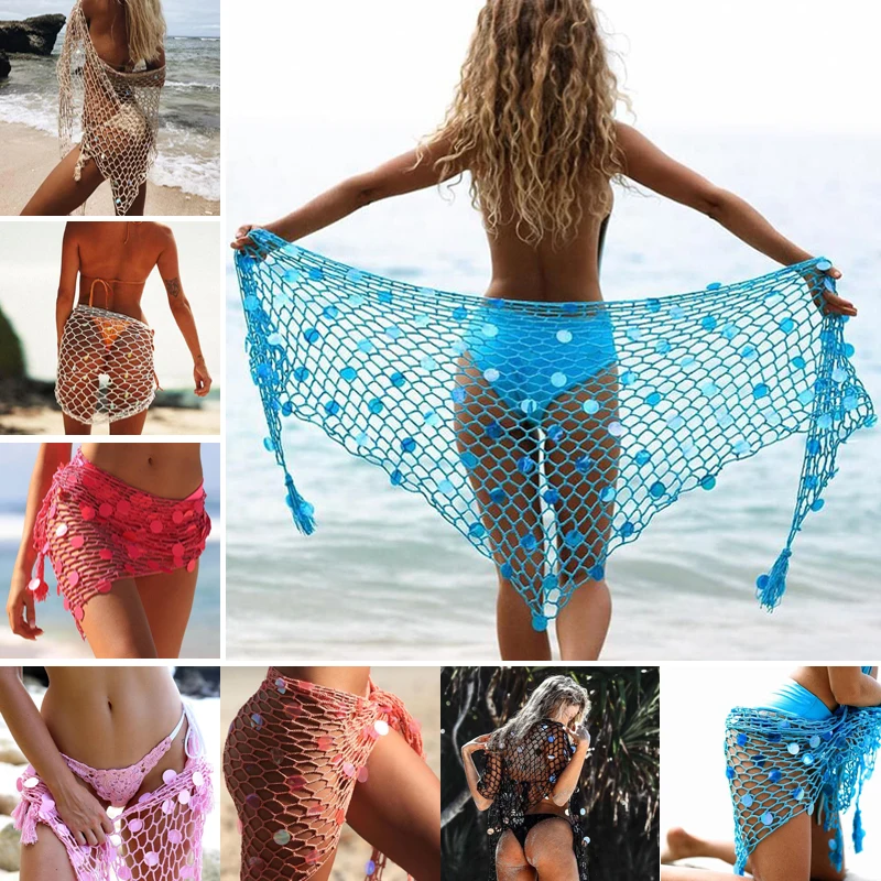 Top Trends: New Arrival Summer Sexy Women Sequin Hollow Out Fishnet Crochet Mesh Bikini Cover Up Swimwear Bathing Beach Dress Shoppable Styles