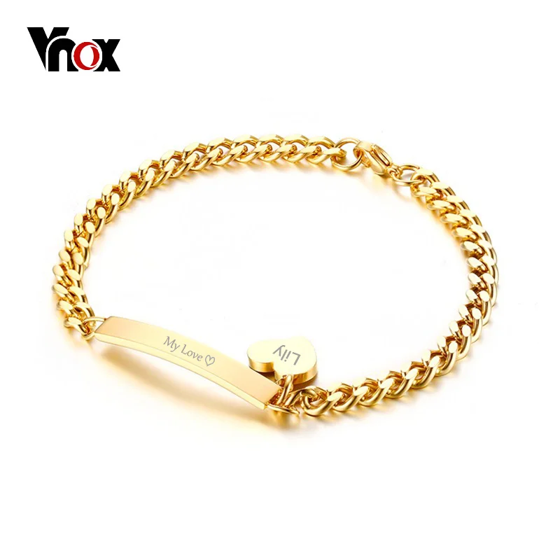 Top Trends: Vnox Charge Personalized Thin ID Tag Heart Bracelet Women Stainless Steel Chain Gold Black Shoppable Styles