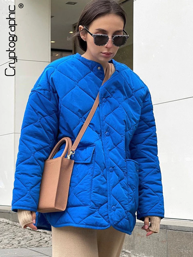 Top Trends: Cryptographic Winter Blue Oversize Puffer Jackets For Women Casual Fashion Warm Cotton Button Down Quilted Coat And Jacket Loose Shoppable Styles