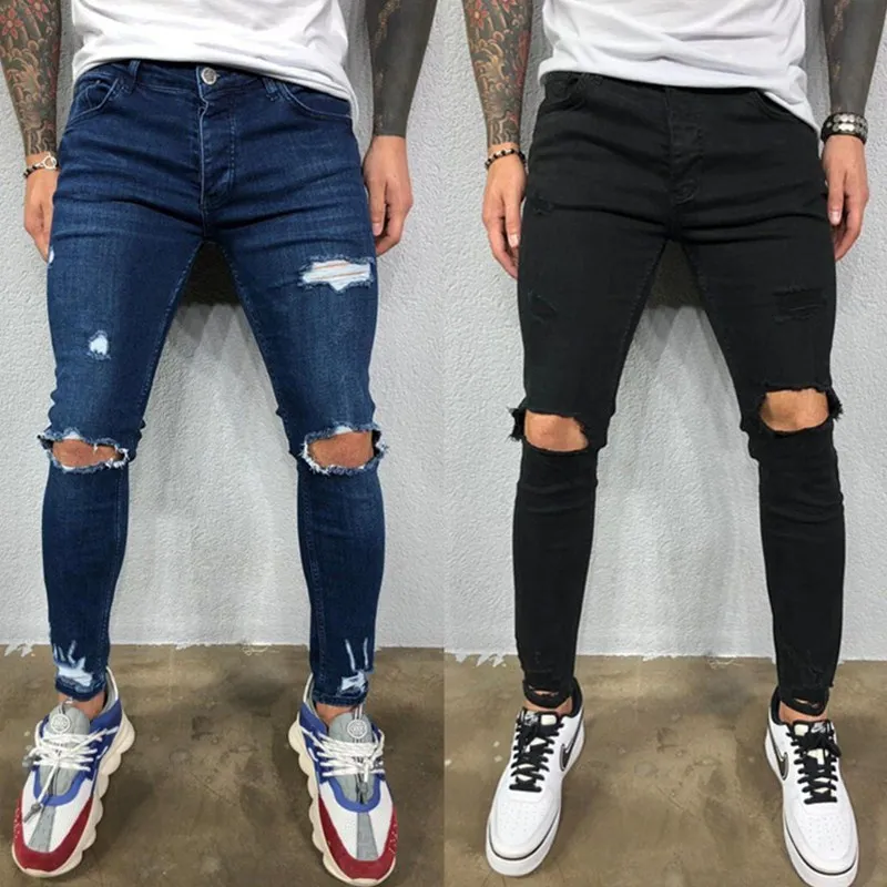 Top Trends: Men Jeans Black Blue Cool Skinny Knee Hole Ripped Stretch Slim Elastic Denim Pants Solid Color High Street Style Trousers Man Shoppable Styles