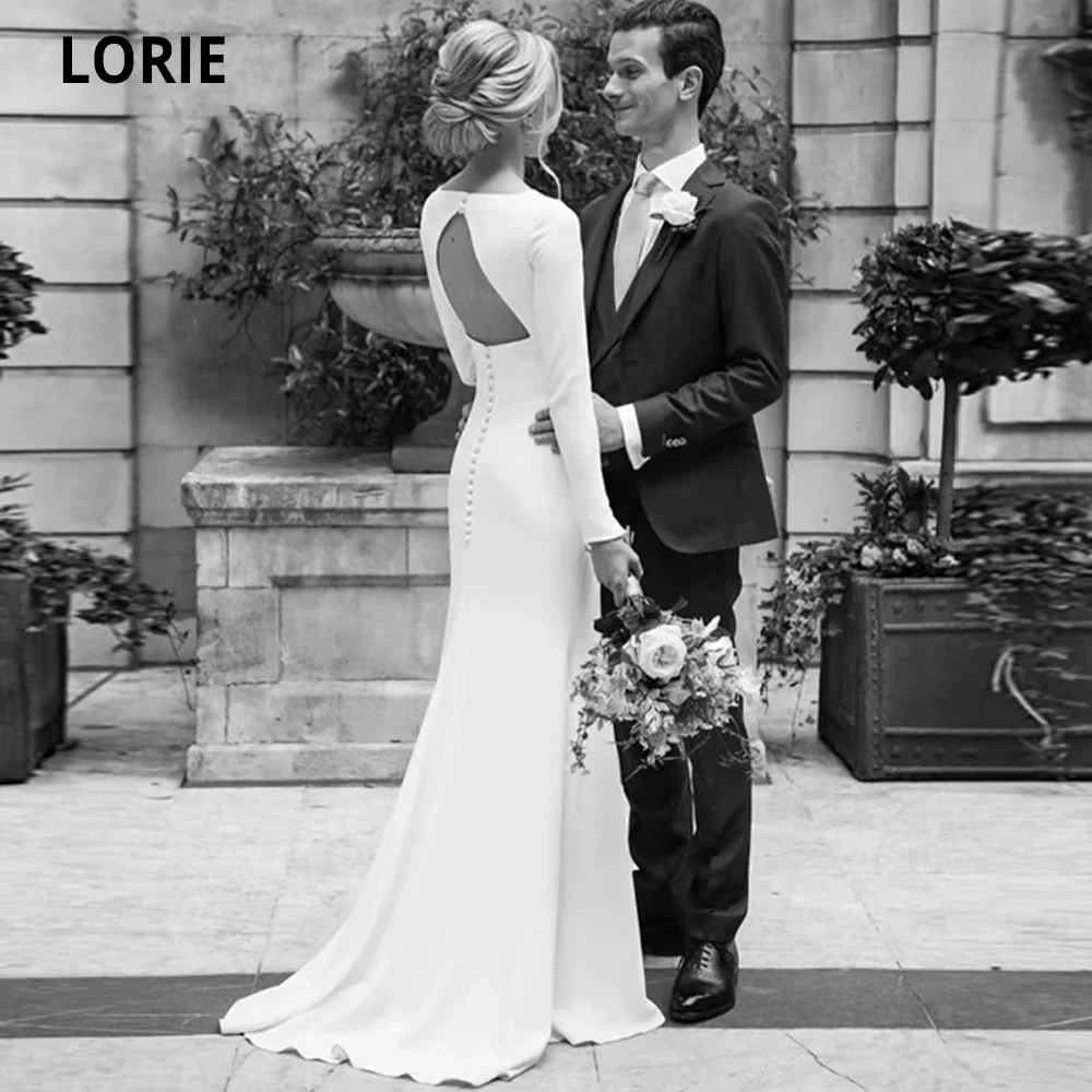 Top Trends: LORIE Elegant Simple Long Sleeve Wedding Dress Satin 2020 O-Neck Open Back Mermaid Bridal Gowns With Sweep Train Plus Size Shoppable Styles