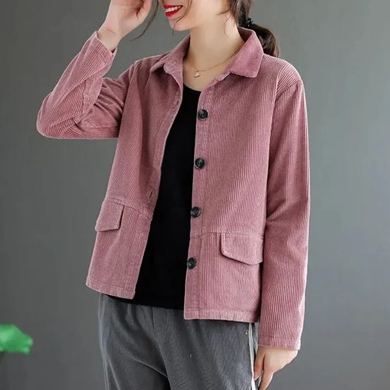 Top Trends: Corduroy Long-Sleeved Short Jacket Women&#039;s 2024 Spring Autumn New Pure Color Corduroy Coat Femalet Single-Breasted Thin Top A245 Shoppable Styles