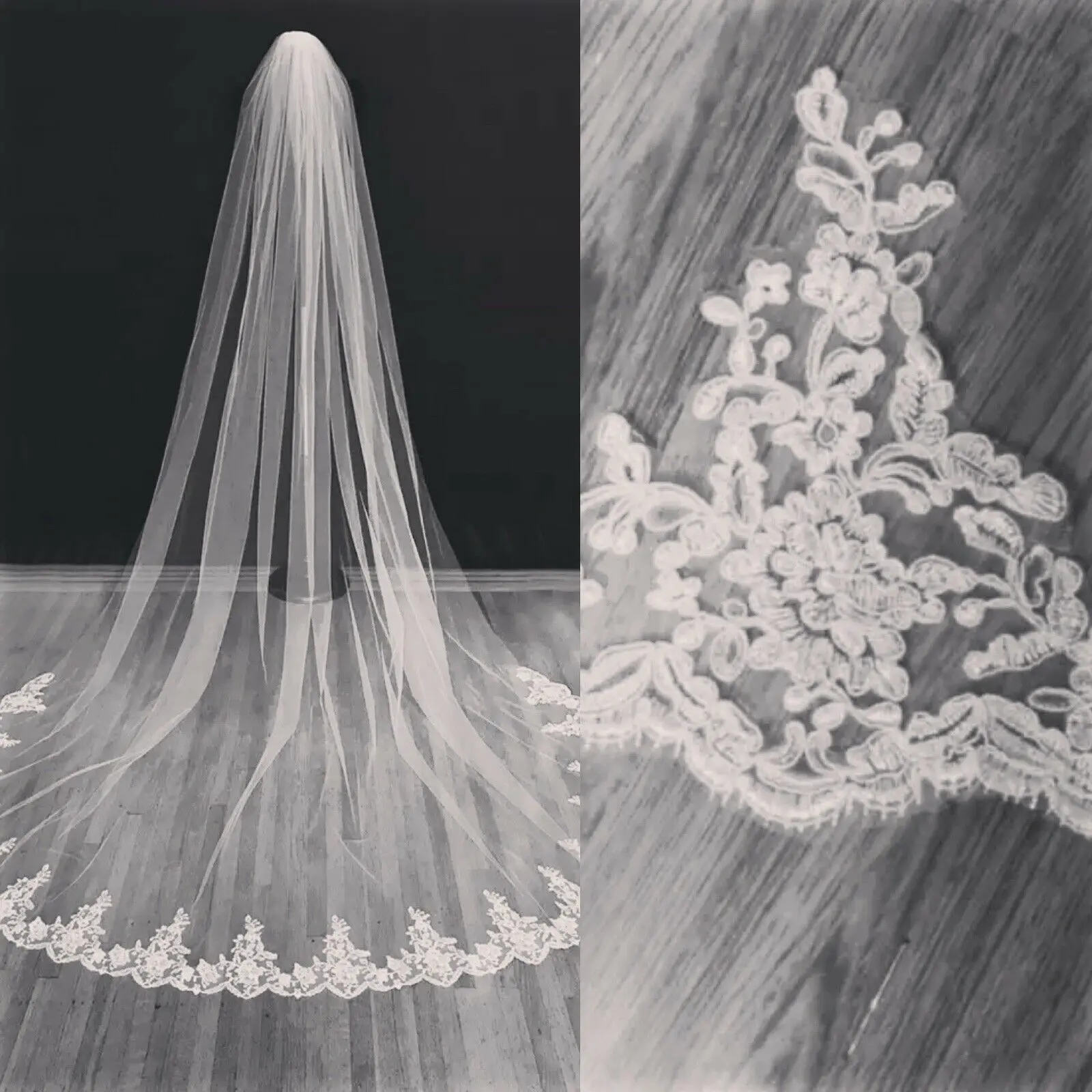 Top Trends: Bride Wedding White Cathedral Long Veil 1 Layer Lace Trim And Comb, Bridal Accessories Lace Veil 1.5 Meters Wide Shoppable Styles