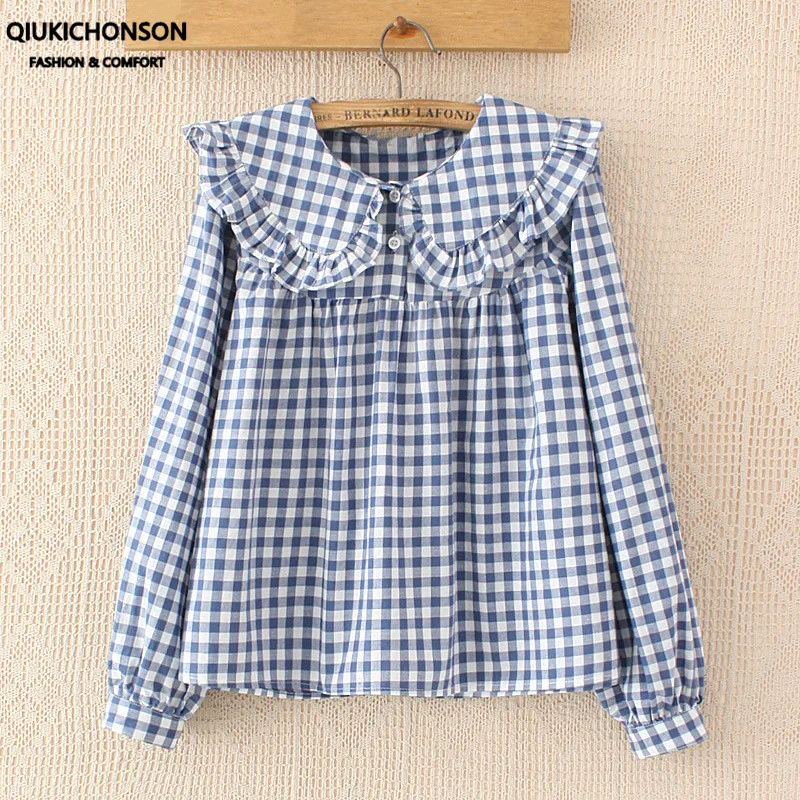 Top Trends: Women Plaid Shirt Long Sleeve Spring Summer Tops Ladies Japanese Mori Girl Peter Pan Collar Cute Baby Doll Cotton White Blouses Shoppable Styles