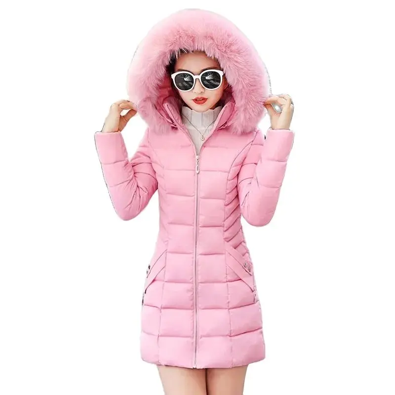 Top Trends: 2023 Winter Parkas Women Cotton-Padded Jacket Women's Fur Collar Cotton Liner Jacket Slim Long Thick Coat Hooded Female Pink Shoppable Styles