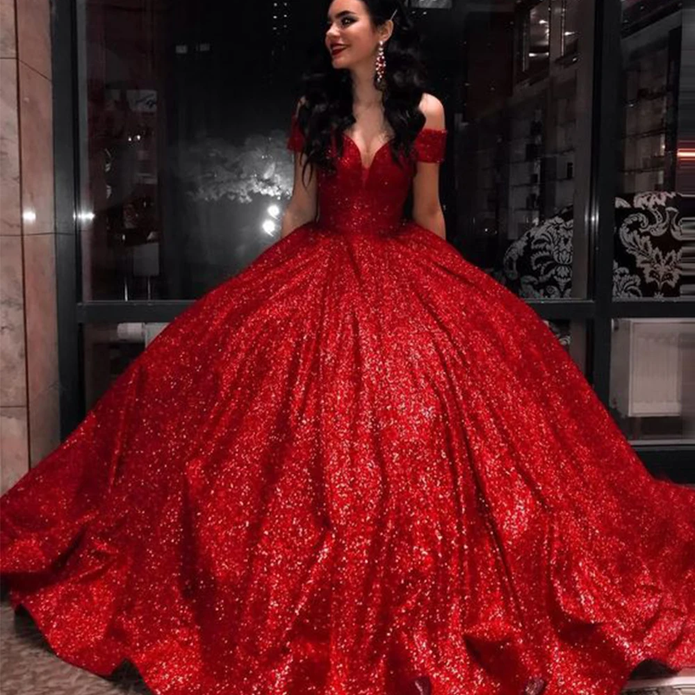 Top Trends: Shinny Red Sequins Quinceanera Dress Ball Gown Off Shpulder Evening Gown Lace Up Dubai Arabia Customize Vestidos De Fiesta السه Shoppable Styles