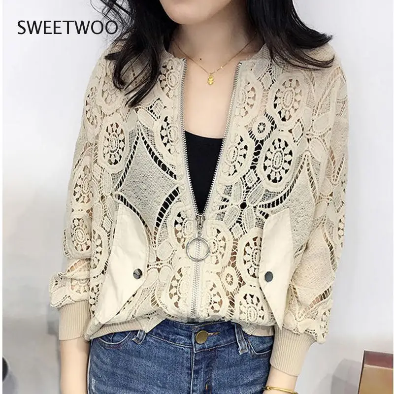 Top Trends: Women Long Sleeve Lace Embroidery Hollow Out Jacket Korean Fashion Short Outwear White Bomber Women Sunproof Coat Tops Shoppable Styles