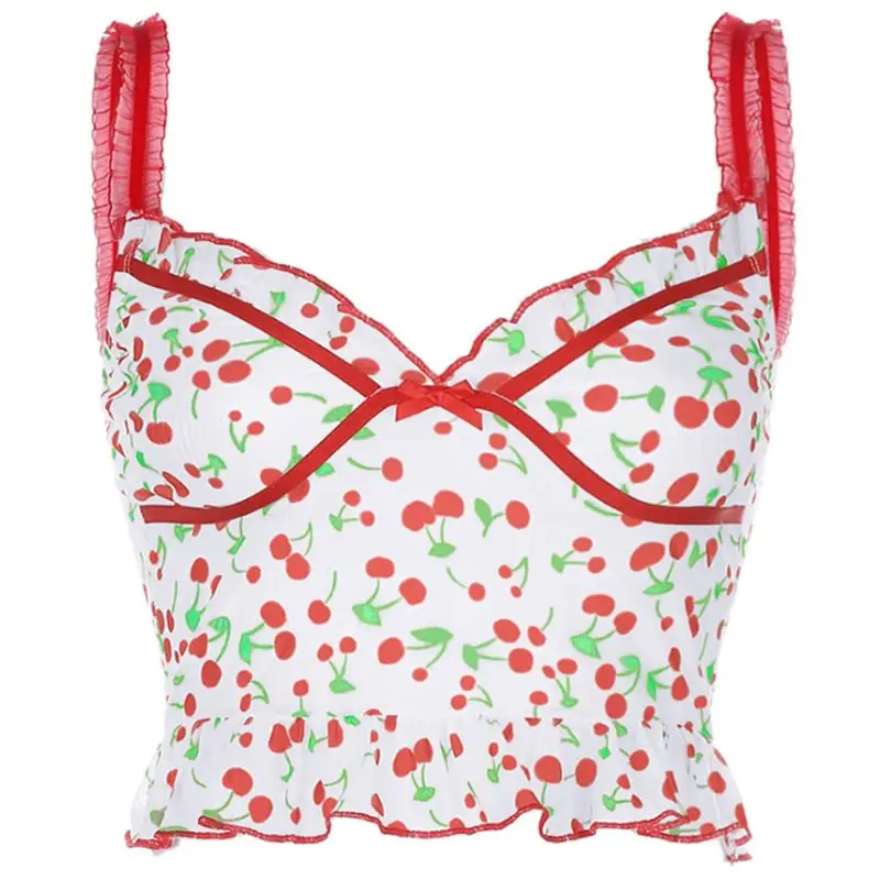 Top Trends: Women Summer Ruffles Spaghetti Strap Crop Top Sexy Sheer Mesh Sweet Cherry Printed Bow Camisole Backless Bodycon Vest Shoppable Styles