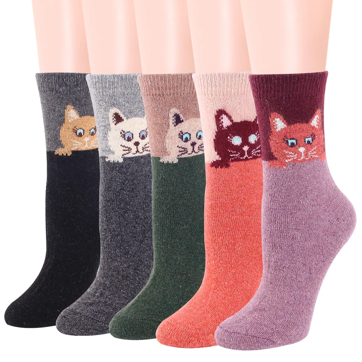 Top Trends: 5 Pairs Winter Women Wool Socks Vintage Animal Cat Pattern Warm Socks Thick Cozy Knit Casual Mid Tube Boot Socks Shoppable Styles