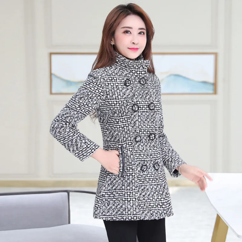 Top Trends: M-6XL Women Wool Blends Coat Autumn Winter 2023 Fashion Mother Overcoat Turtleneck Plaid Slim Long Tweed Woolen Outerwear Female Shoppable Styles