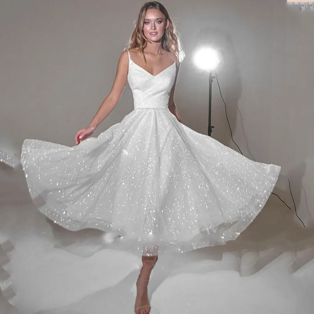 Top Trends: Shining Glitter Wedding Dress Women Sleeveless 2024 Pleats Sweetheart Tea Length Bridal Gowns Custom Made Garden Civil Wedding Shoppable Styles