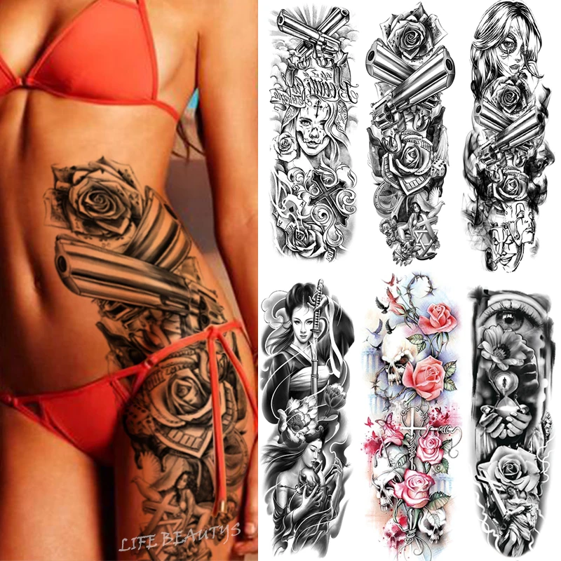 Top Trends: Large Arm Sleeve Tattoo Flower Soldier Gun Demon Waterproof Temporary Tattoo Stickers Japanese Body Art Full Fake Rose Women Shoppable Styles