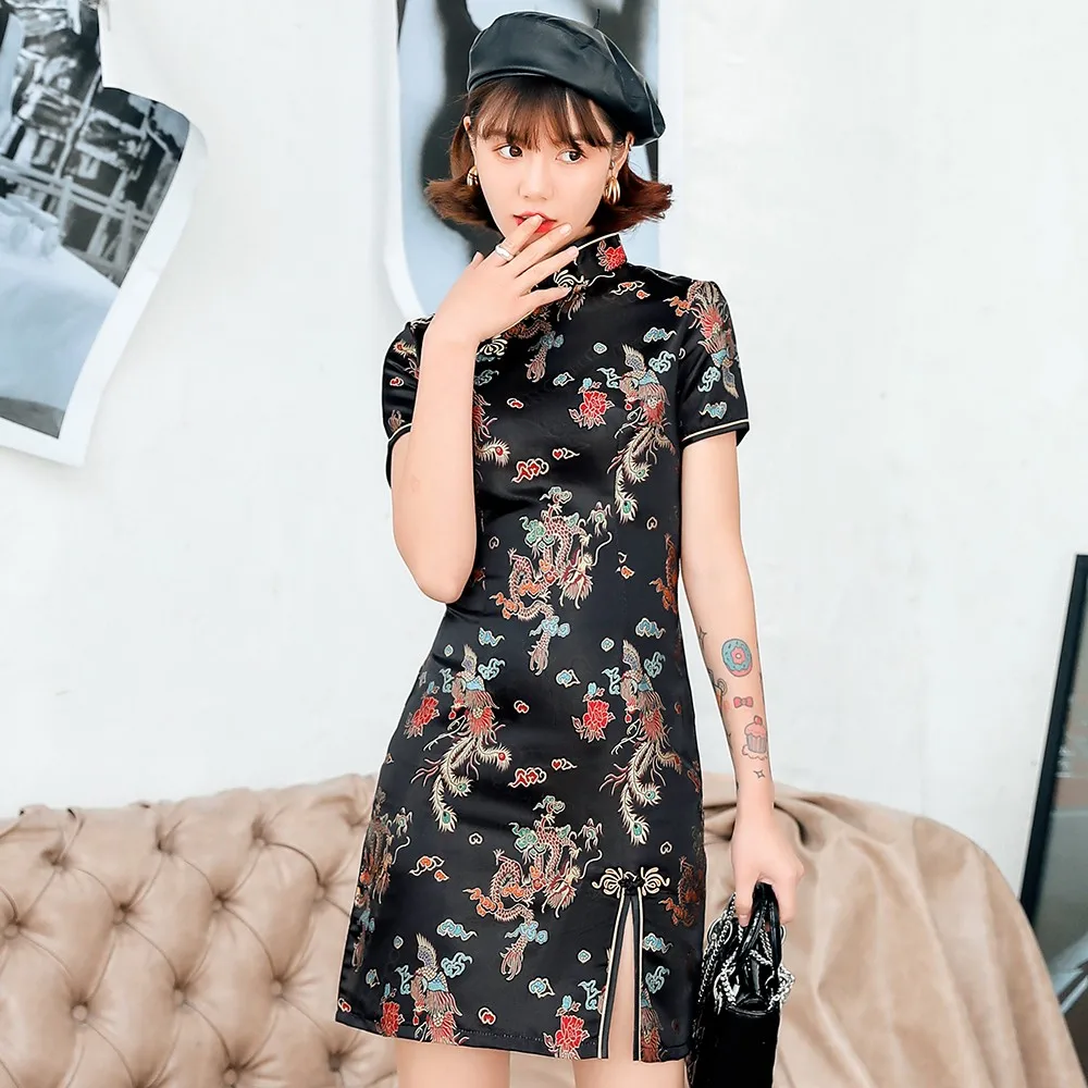 Top Trends: Chinese Female Satin Dress Elegant Slim Plus Size Qipao Mandarin Collar Vintage Cheongsam Vestidos Sexy High Split Formal Dress Shoppable Styles