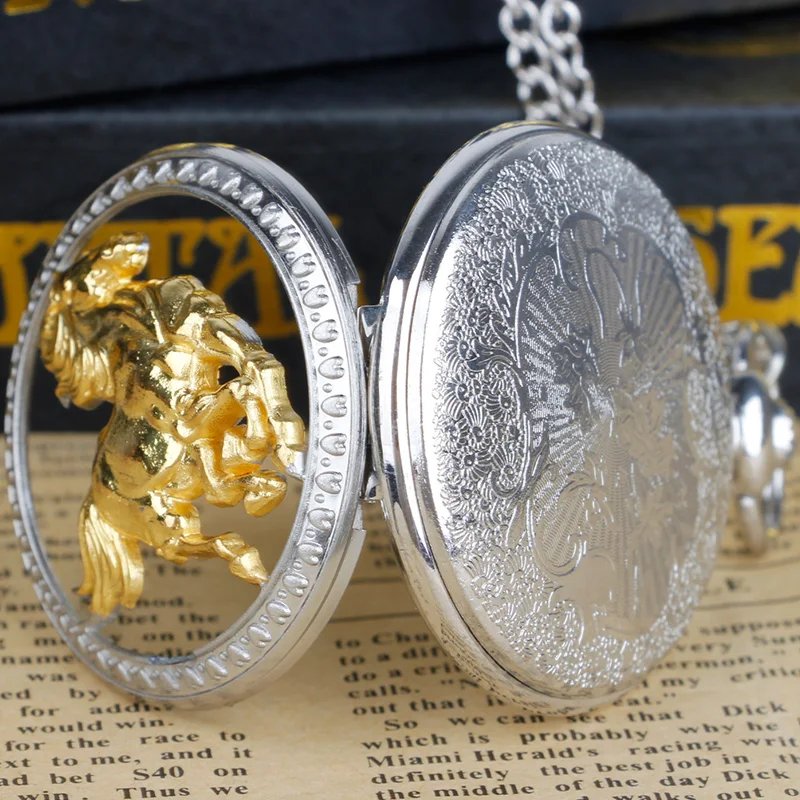 Top Trends: Silver Gold Hollow Running Horse Quartz Pocket Watch Necklace Men Women Gifts With Fob Chain Shoppable Styles - Image 5