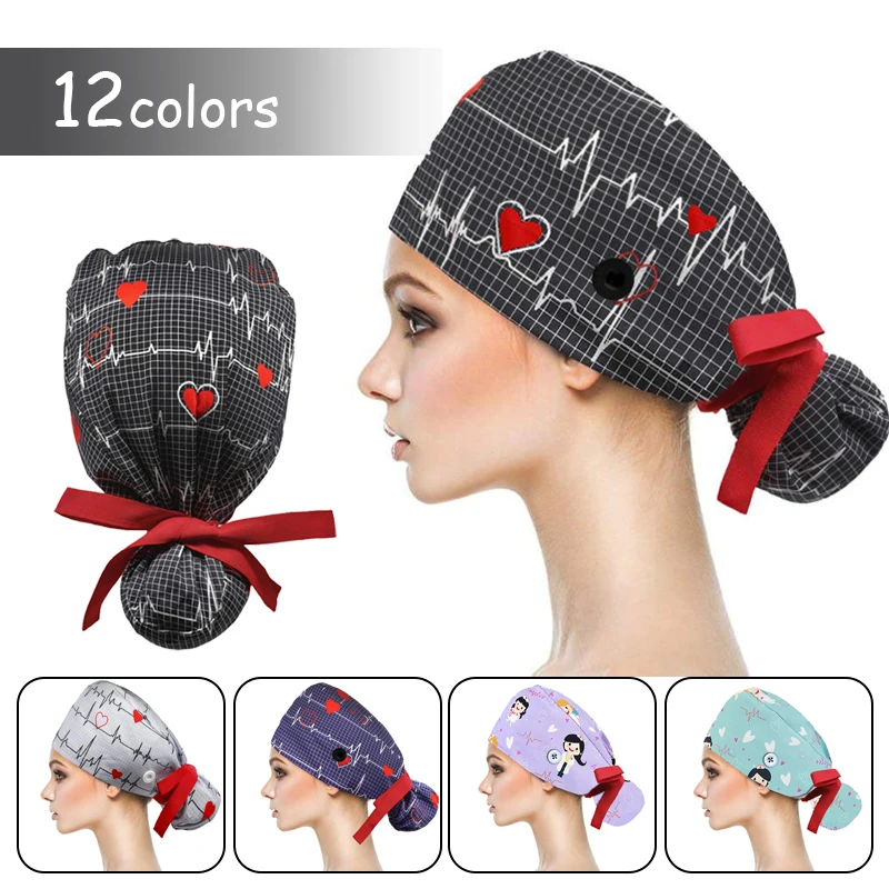 Top Trends: Adjustable Pet Shop Scrub Cap With Buttons Bouffant Hat With Sweatband Beauty Work Cap Nursing Cap For Women Long Hair Nurse Hat Shoppable Styles