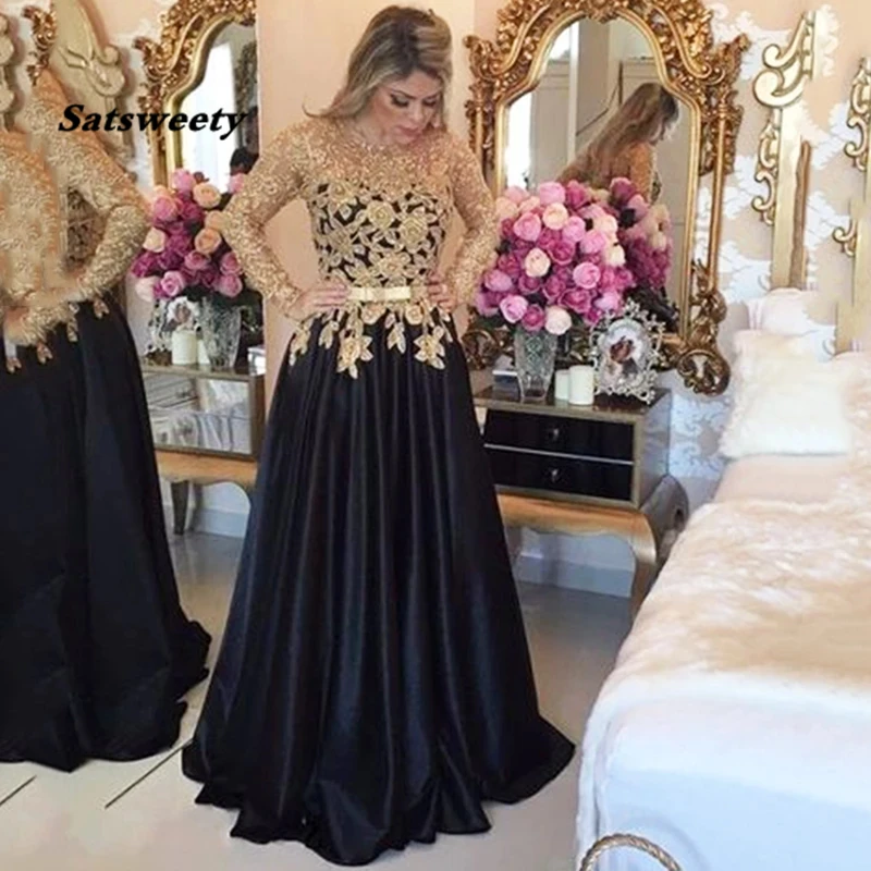 Top Trends: New Stylish Long Sleeves Prom Dresses Gold Applique Black Evening Gown With Belt Satin Formal Prom Dress Shoppable Styles