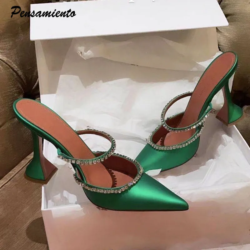 Top Trends: 2024 Rhinestones Satin Women Pumps Slippers Elegant Pointed Toe High Heels Lady Mules Sildes Summer Fashion Party Prom Shoes Shoppable Styles