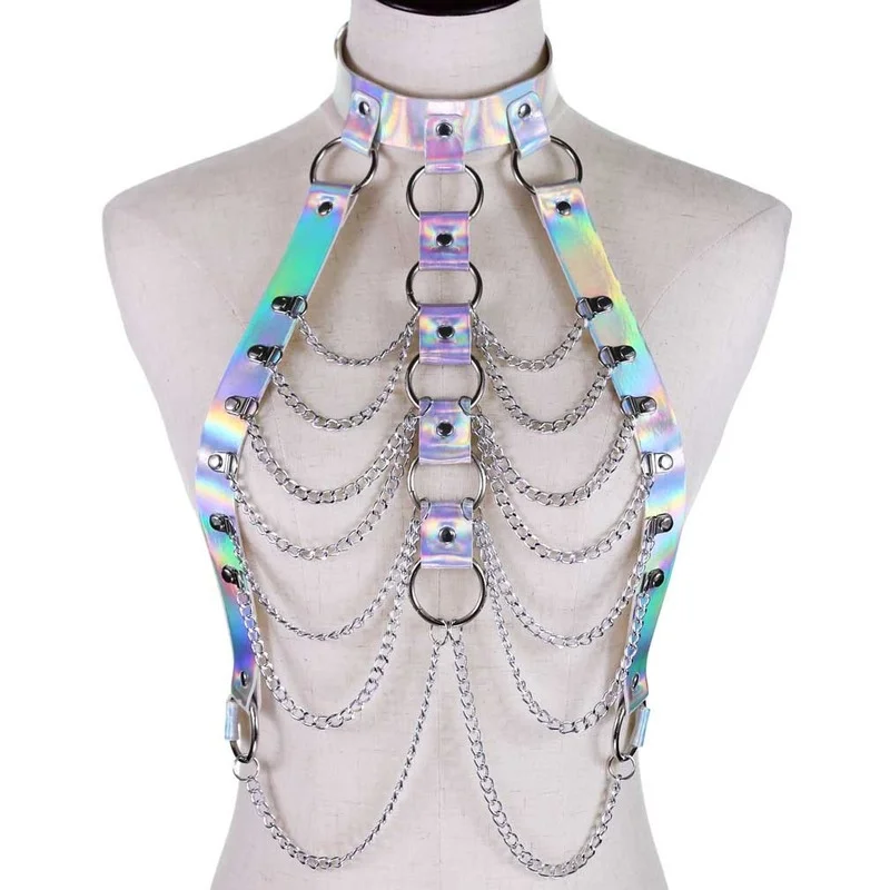 Top Trends: Decopunk Holographic Body Chain Harness Top Punk Women Holo Rainbow Waist Jewelry Festival Rave Outfit Designer Belt Women Shoppable Styles