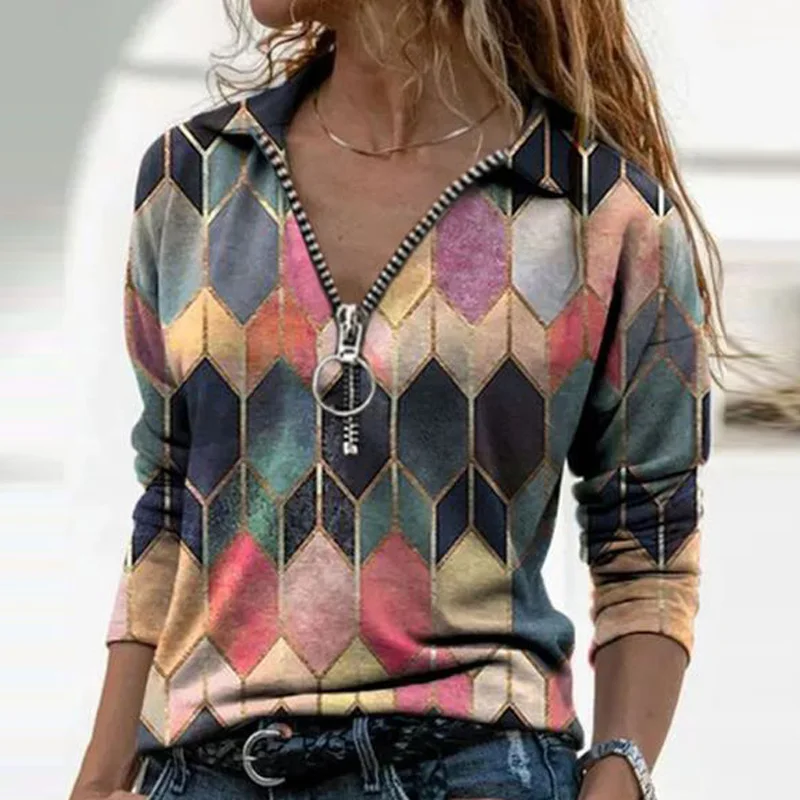 Top Trends: Women Long Sleeve V Neck Geometric Print Blouse Vintage Loose Polo Shirt Y2K Harajuku Oversize Tops Elegant Zip Sweatshirt Tunic Shoppable Styles