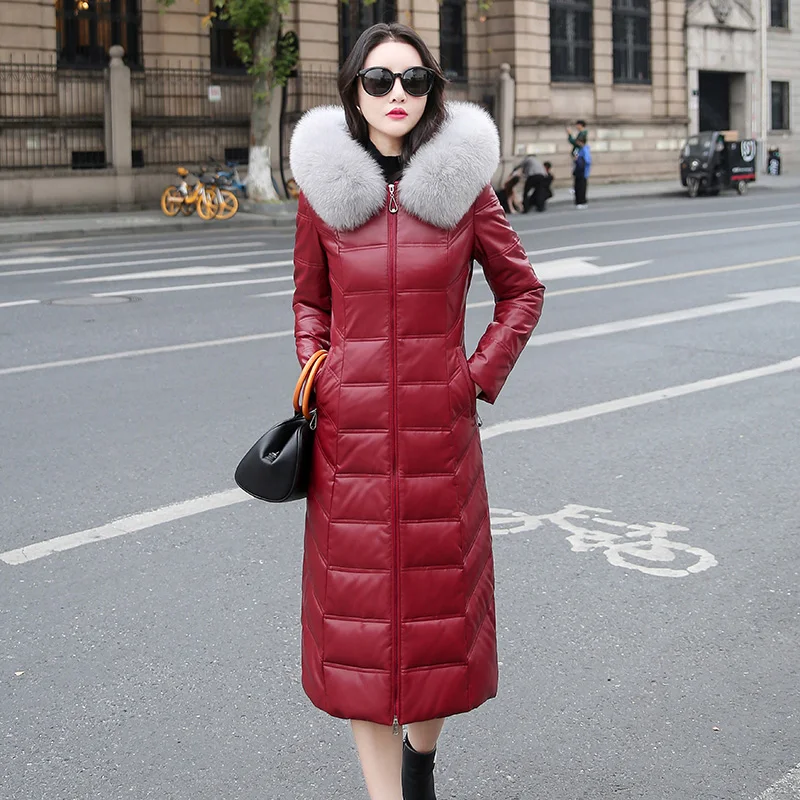 Top Trends: M-7XL Women Leather Down Coat Winter 2023 Fashion Hooded Real Fox Fur Collar Slim Sheepskin Leather White Duck Down Overcoat Shoppable Styles