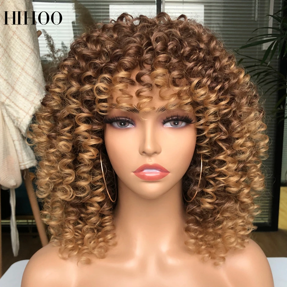 Top Trends: Afro Kinky Curly Wig With Bangs Short Synthetic Wigs For Black Women Omber Brown Blonde Glueless Cosplay Hair High Temperature Shoppable Styles