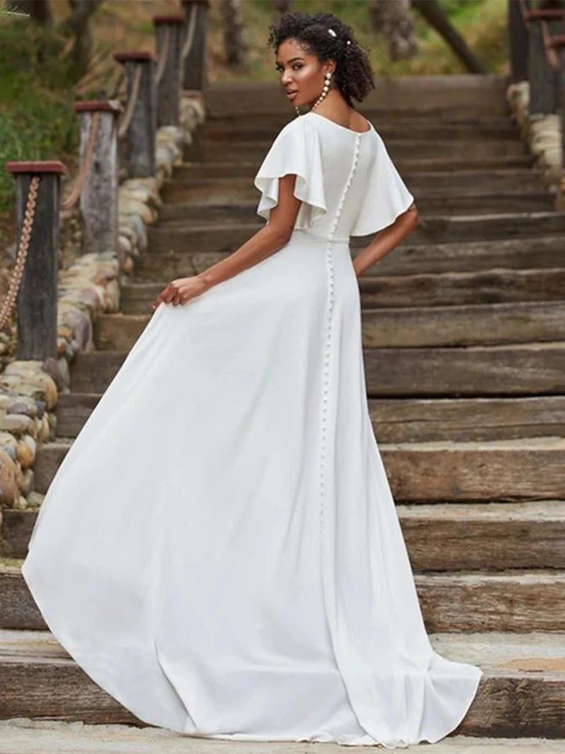 Top Trends: Modern Latest 2023 Wedding Dresses Short Sleeves Ivory Gowns Jewel Neck Bridal Dress Buttons Back Pearls Sweep Train Shoppable Styles - Image 2