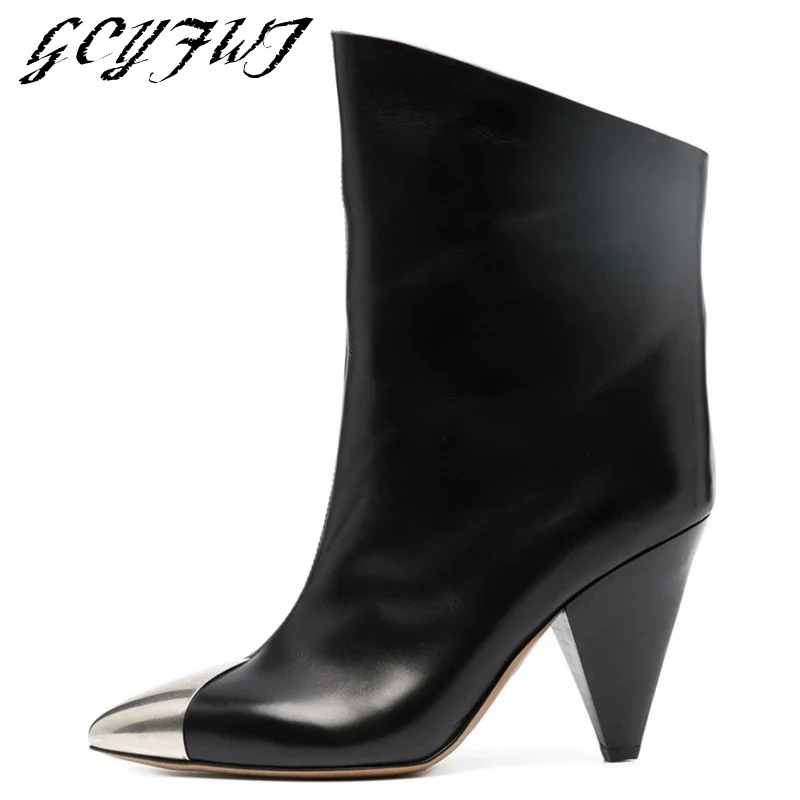 Top Trends: Women Ankle Boots Autumn Winter New High Heel Cowhide Pointed Toe Fashion Ladies Shoes Spike Heels Iron-toed Sexy Botines Mujer Shoppable Styles