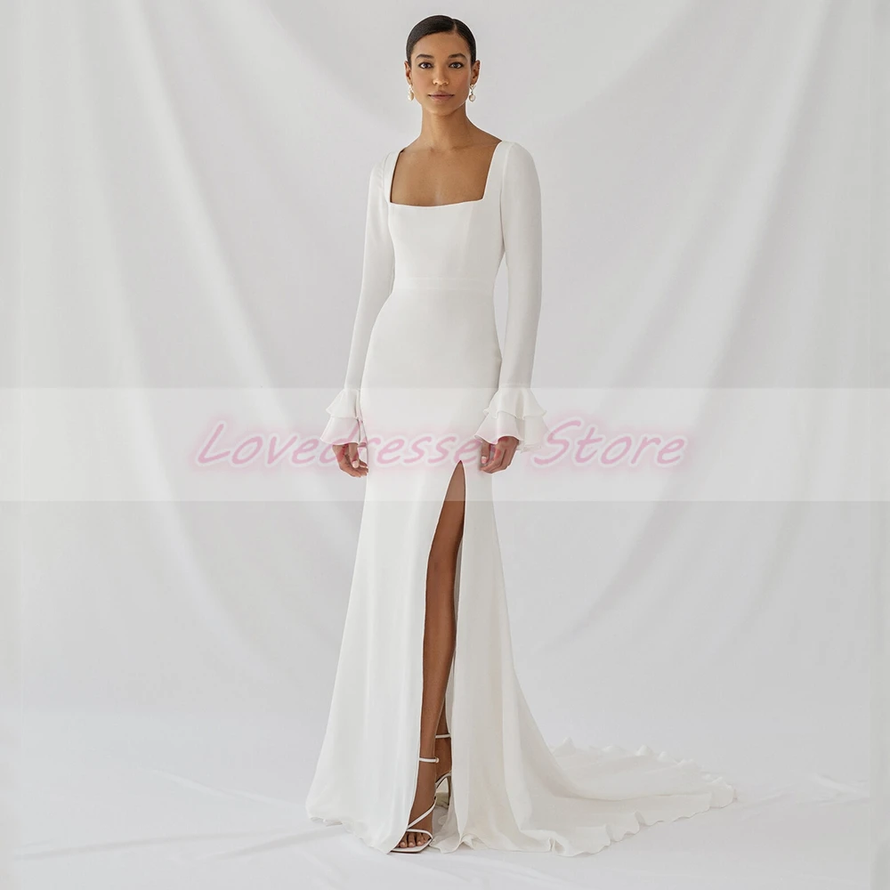 Top Trends: White Side Slit Full Sleeve Square Collar Wedding Dresses With Jersey Floor-Length Sheath Court Train Bridal Gowns 2021 Summer Shoppable Styles - Image 2