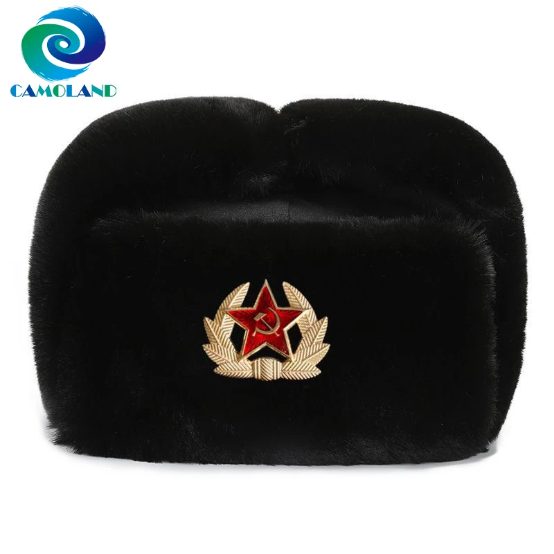 Top Trends: CAMOLAND High Quality Warm Faux Fur Bomber Hats Women Men Soviet Badge Russia Ushanka Pilot Hat Windproof Earflap Cap Skiing Cap Shoppable Styles