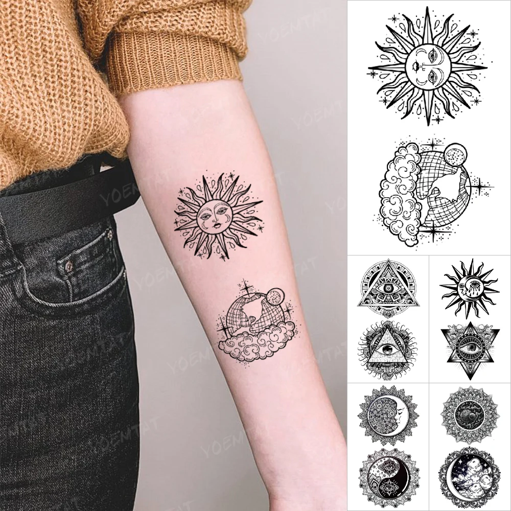 Top Trends: Sun Baby Waterproof Temporary Tattoo Stickers Earth Starry Sky Eye Totem Flash Tatoo Women Line Simple Body Art Henna Tatto Men Shoppable Styles