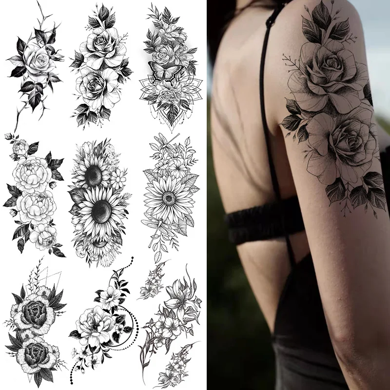 Top Trends: Sexy Flower Temporary Tattoo Female Body Art Painting Arm Leg Tattoo Sticker Black Rose Waterproof Tattoo DIY Tattoo Sticker Shoppable Styles