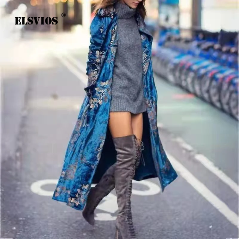 Top Trends: Vintage Printed Velvet Long Windbreaker Turn-down Collar Winter 2021 Women Coat New Autumn Fashion Lady Street Hipster Coats 3XL Shoppable Styles