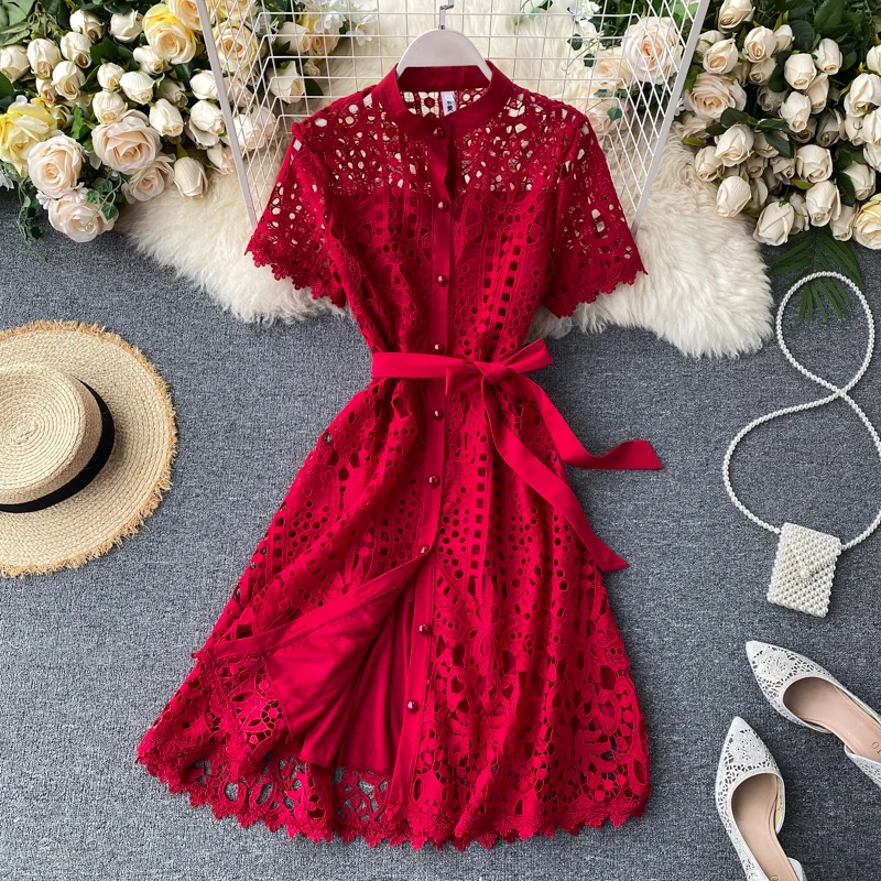 Top Trends: Hollow Out Elegant Retro Party Mini Dress Women 2021 Summer Slim Simple Sexy Lace Up Stand Collar Vintage Lace Button Mini Dress Shoppable Styles