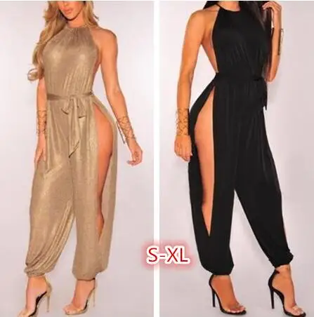 Top Trends: Sexy New Slit Wide Leg Harem Jumpsuits Rompers Women Gold Lace Up Sleeveless Jumpsuits Overalls Clubwear Shoppable Styles