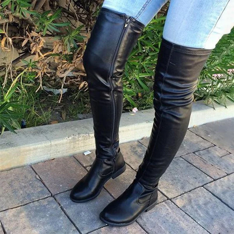 Top Trends: 2023 New Winter Black Over The Knee Boots Shoes Women Pu Leather Low Heels Big Size 46 Stretch Thigh High Woman's Boots Shoppable Styles