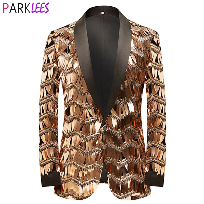 Top Trends: Mens Luxury Wave Striped Gold Sequin Blazer Jacket Shawl Lapel One Button Shiny Wedding Party Suit Jackets Dinner Tuxedo Blazer Shoppable Styles