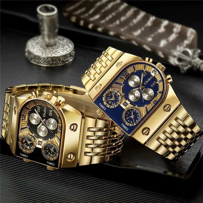 Top Trends: Oulm 9315 Golden Male Watch Three Time Zone Hours Men Quartz Wristwatches Luxury Brand Full Steel Military Watches Shoppable Styles