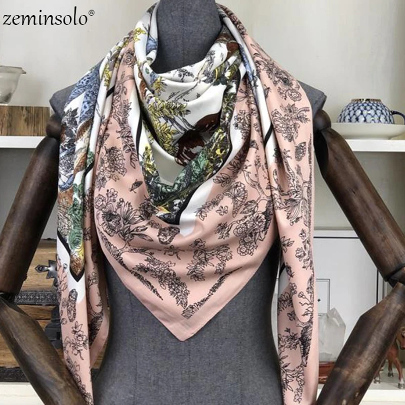 Top Trends: 100% Twill Silk Scarf Women Large Shawls Flowers Print Stoles Square Scarves Bandana Hijab Kerchief Female Foulards 130*130cm Shoppable Styles