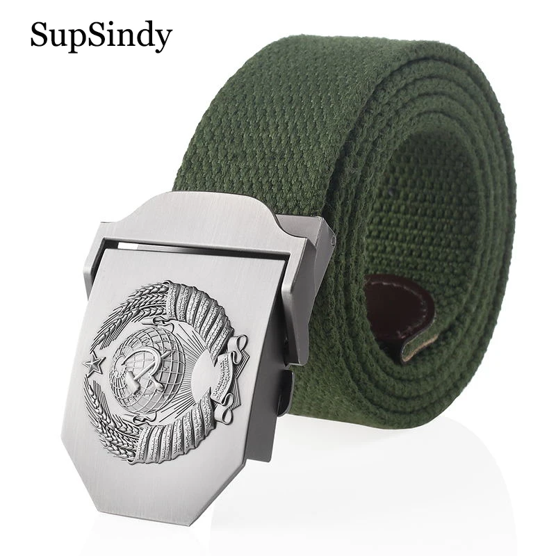 Top Trends: SupSindy New Canvas Belt 3D Soviet National Emblem Metal Buckle Jeans Belts For Men CCCP Army Military Tactical Belts Male Strap Shoppable Styles