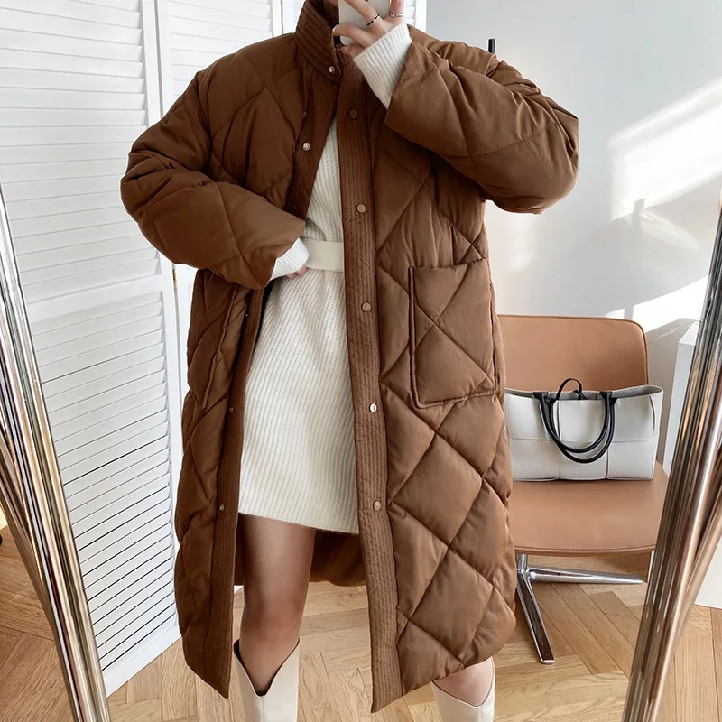 Top Trends: Women's Casual Winter Stand-up Collar Argyle Pattern Oversized Down Jacket Chic Parka New Korean Style Long Cotton-padded Coat Shoppable Styles