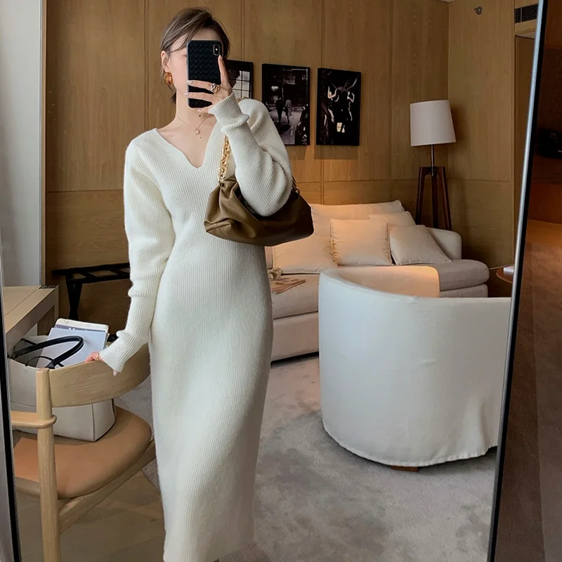 Top Trends: Elegant Long White Knitting Dress Women Winter V-Neck Long Sleeve Bodycon Dress Korean Office Lady High Waist Vintage Dress 2021 Shoppable Styles