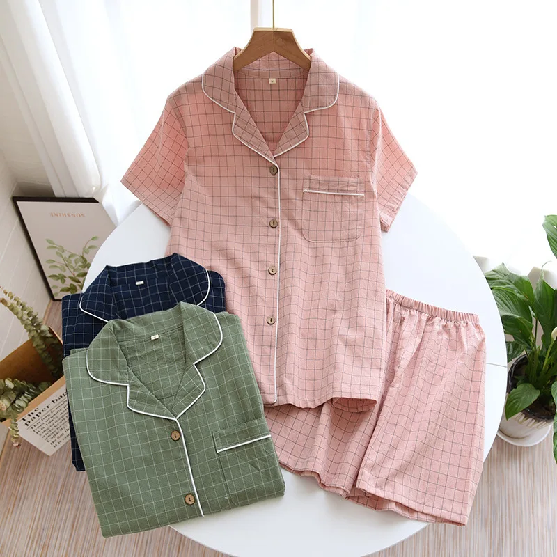 Top Trends: Summer New Couple Pajamas Two-piece Men&#039;s Plaid Short-sleeved Shorts 100% Cotton Gauze Ladies Simple Home Service Set Sleepwear Shoppable Styles