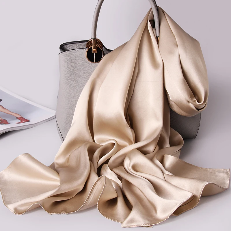 Top Trends: 100% Natural Silk Scarf Women Luxury Long Silk Shawl Real Silk Neckscarf Bufanda Silk Plain Satin Head Scarves Foulard Femme Shoppable Styles