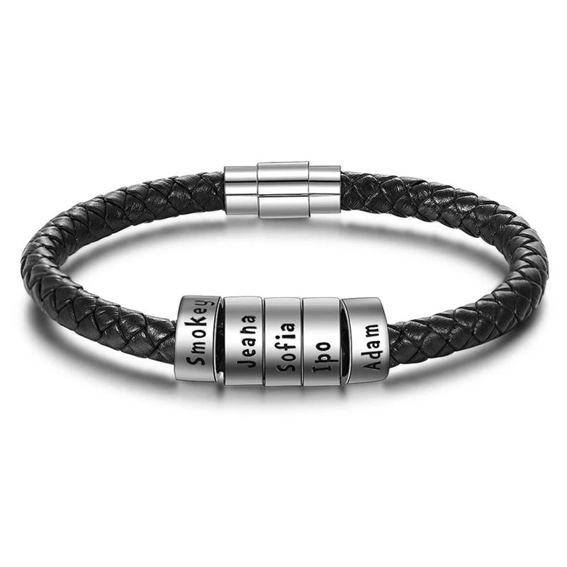 Top Trends: Black Genuine Leather Bracelet Customized Personality Men Jewelry Engrave Family Name Stainless Steel Bangle Men Women Gifts Shoppable Styles