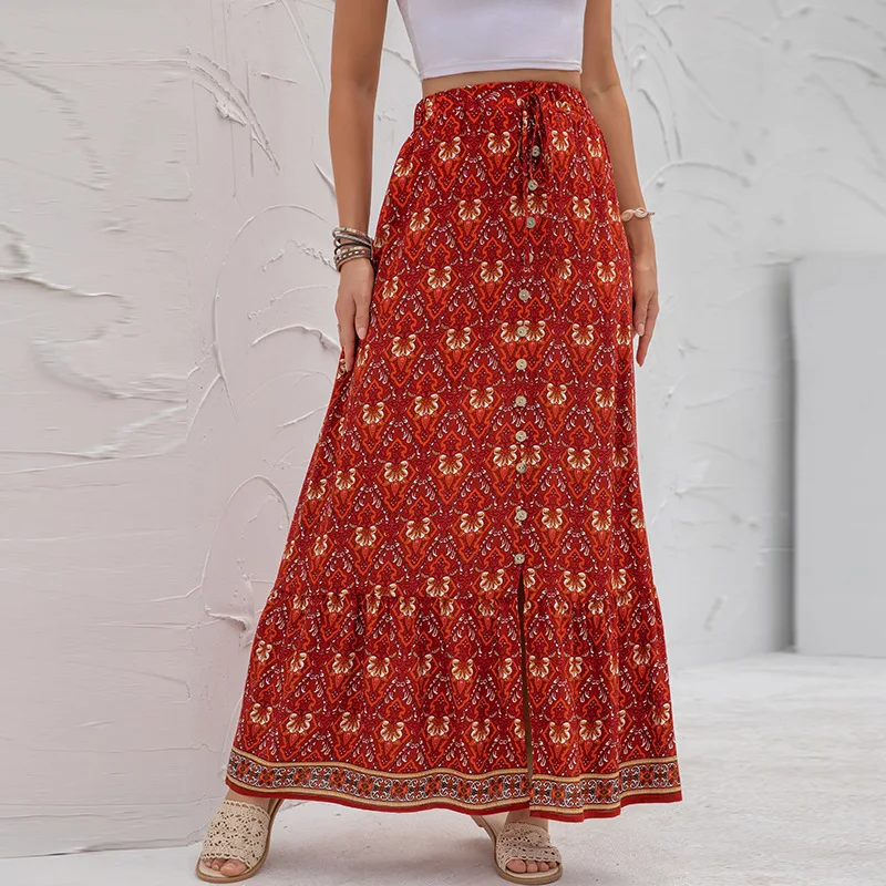 Top Trends: 2023 New Summer High Waist Buttons Ladies Maxi Skirts Lace Up Split Floral Print Bohemian Beach Skirt For Women Faldas Saias Shoppable Styles