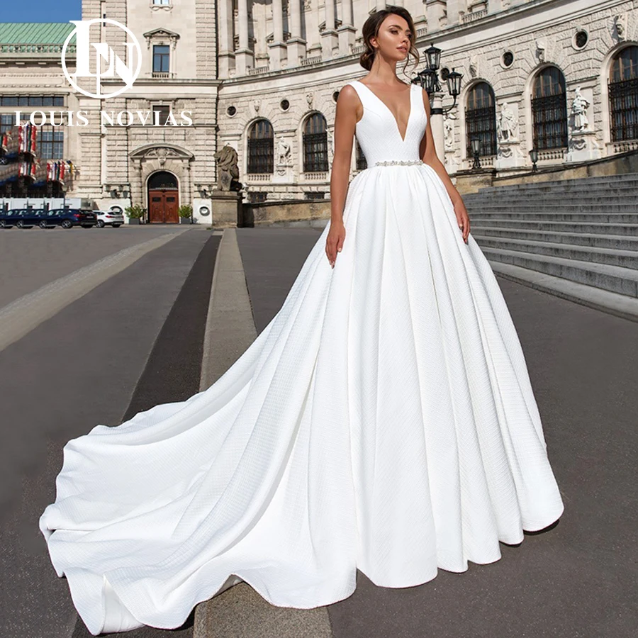 Top Trends: LOUIS NOVIAS Satin Wedding Dresses With CRYSTAL Belt 2024 Classy Deep V-neck Backless Wedding Gown Vestidos Novias De Saten Shoppable Styles