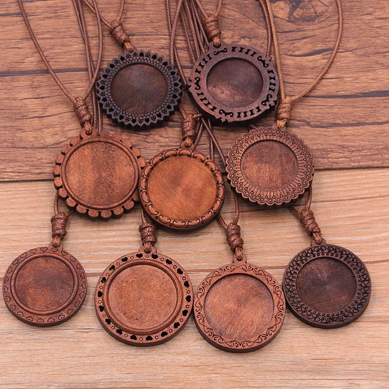 Top Trends: 2pcs 25 / 30mm Inner Size Wood Cabochon Settings Blank Cameo Pendant Base Trays With Leather Cord For Jewelry Making Shoppable Styles